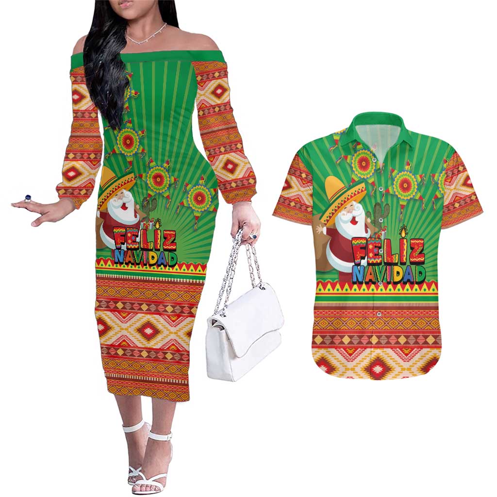 Mexico Couples Matching Off The Shoulder Long Sleeve Dress and Hawaiian Shirt Feliz Navidad Aztec Geometric Pattern - Wonder Print Shop