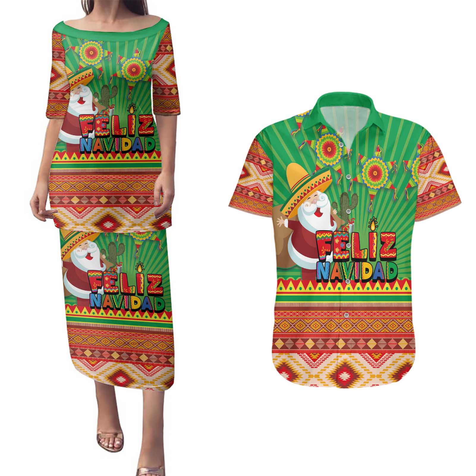 Mexico Couples Matching Puletasi and Hawaiian Shirt Feliz Navidad Aztec Geometric Pattern - Wonder Print Shop