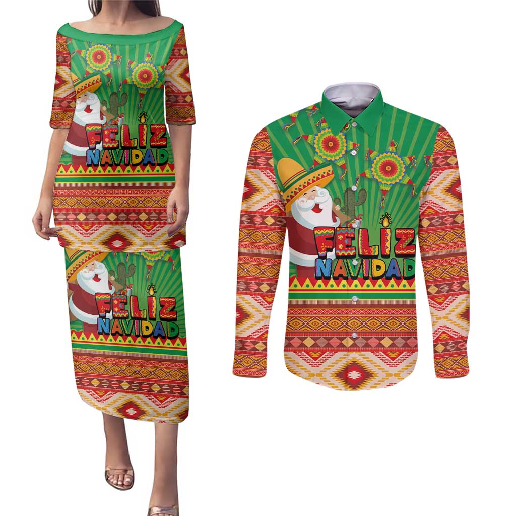 Mexico Couples Matching Puletasi and Long Sleeve Button Shirt Feliz Navidad Aztec Geometric Pattern - Wonder Print Shop