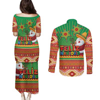 Mexico Couples Matching Puletasi and Long Sleeve Button Shirt Feliz Navidad Aztec Geometric Pattern - Wonder Print Shop