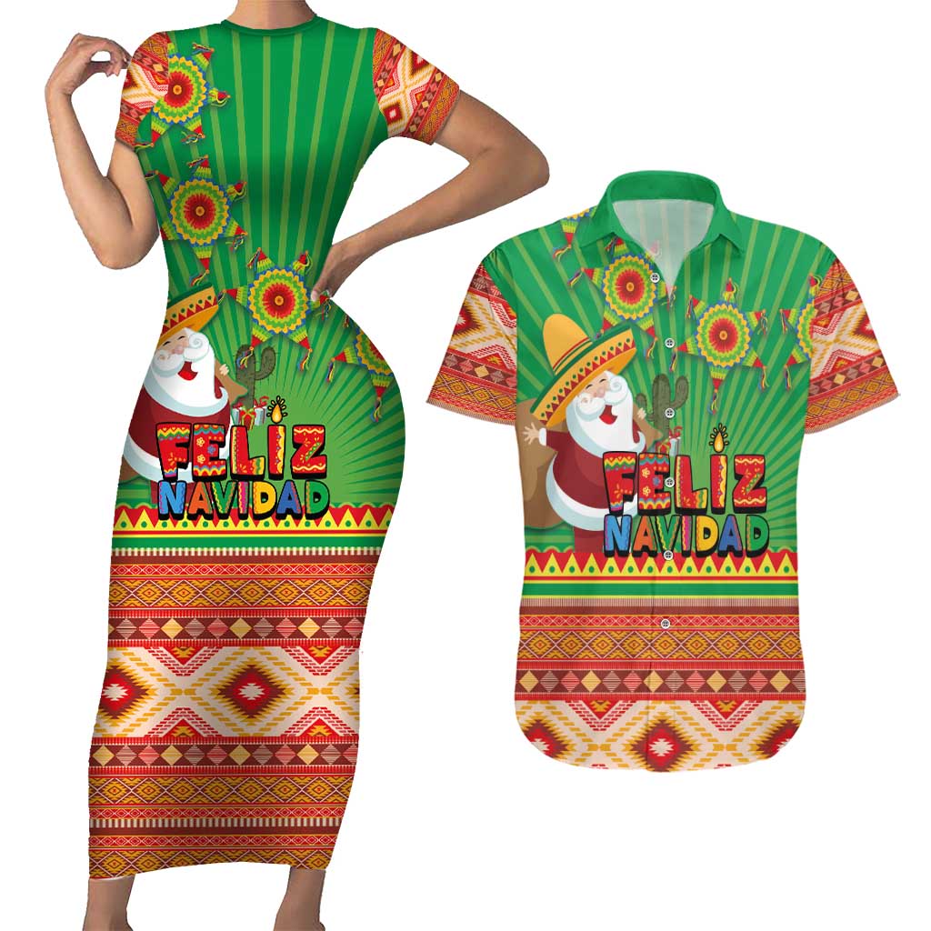 Mexico Couples Matching Short Sleeve Bodycon Dress and Hawaiian Shirt Feliz Navidad Aztec Geometric Pattern - Wonder Print Shop