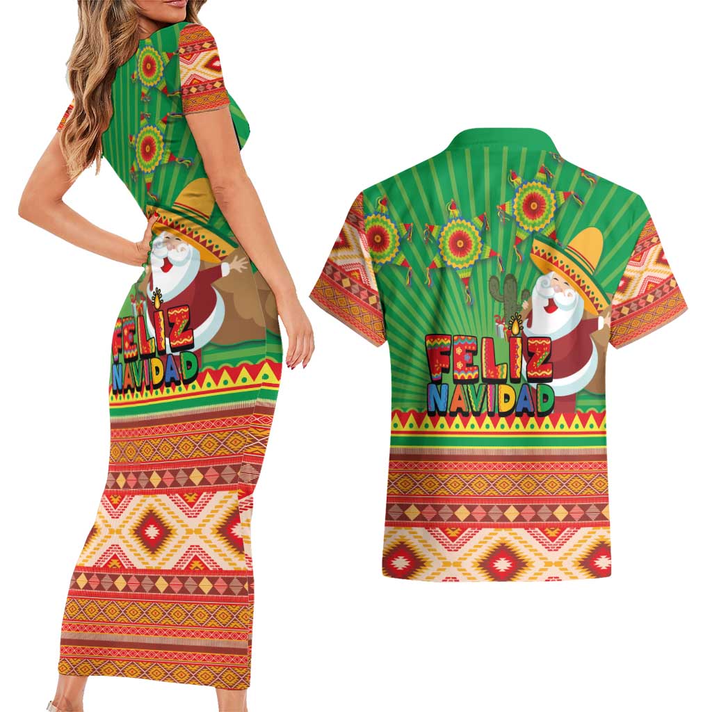 Mexico Couples Matching Short Sleeve Bodycon Dress and Hawaiian Shirt Feliz Navidad Aztec Geometric Pattern - Wonder Print Shop