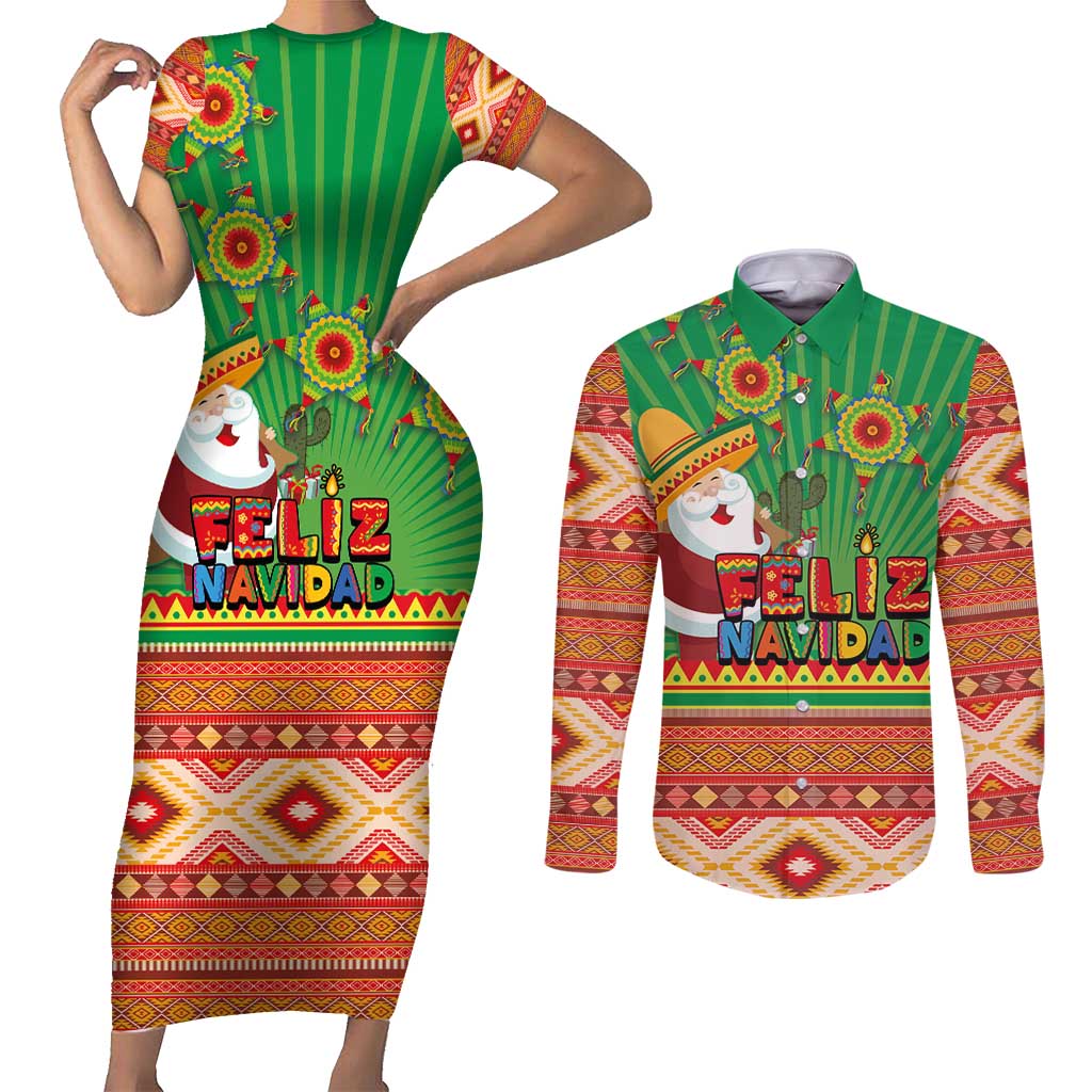 Mexico Couples Matching Short Sleeve Bodycon Dress and Long Sleeve Button Shirt Feliz Navidad Aztec Geometric Pattern - Wonder Print Shop