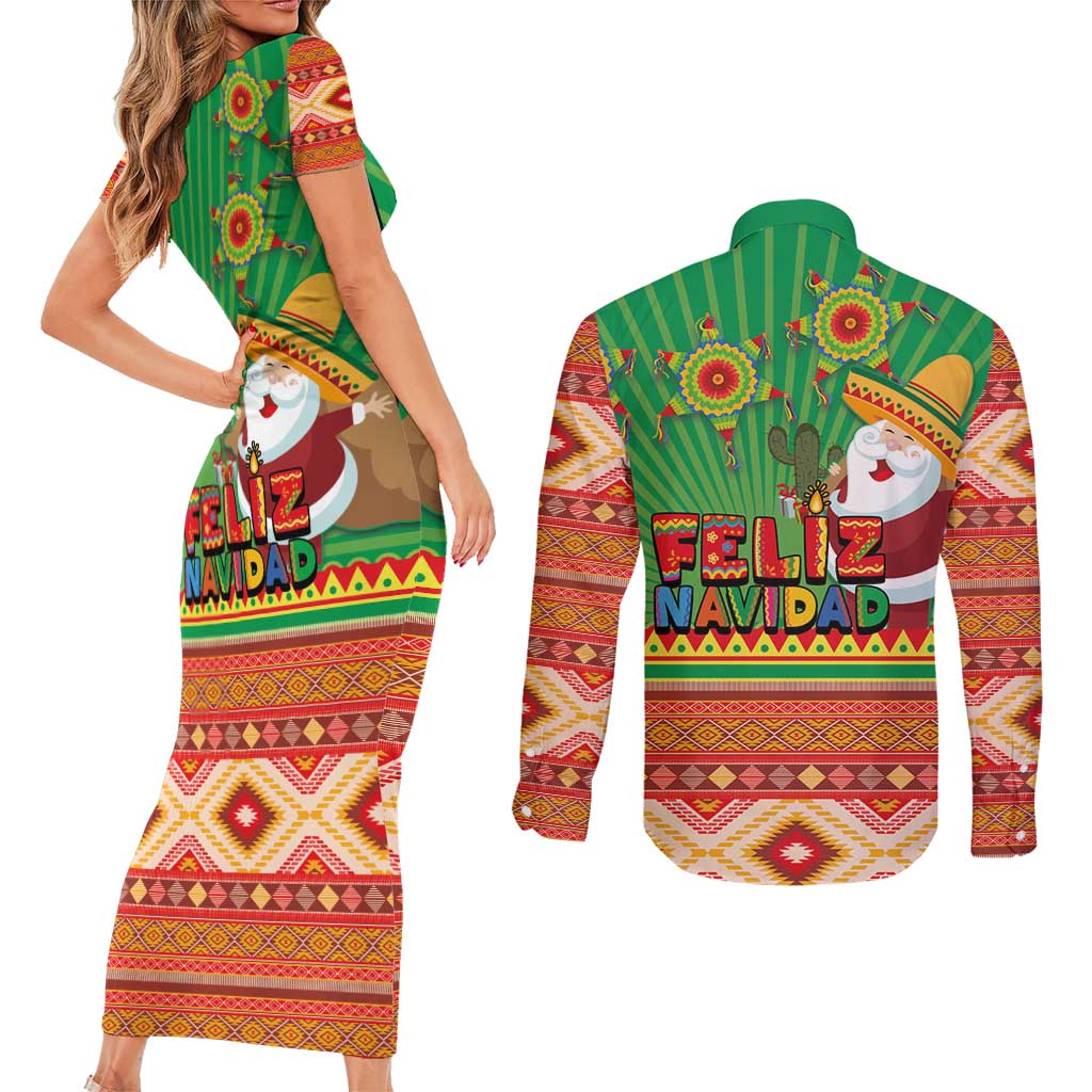 Mexico Couples Matching Short Sleeve Bodycon Dress and Long Sleeve Button Shirt Feliz Navidad Aztec Geometric Pattern - Wonder Print Shop