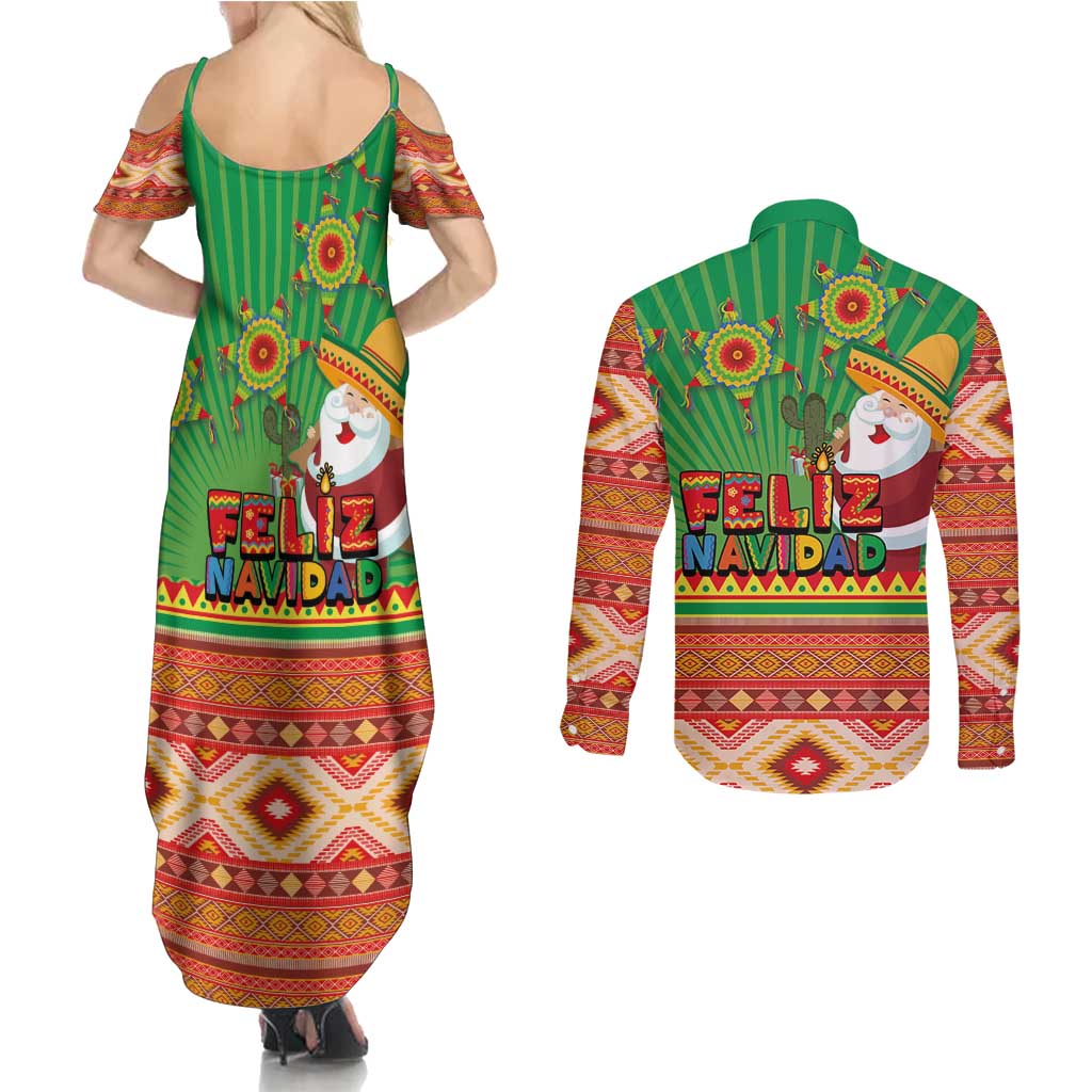 Mexico Couples Matching Summer Maxi Dress and Long Sleeve Button Shirt Feliz Navidad Aztec Geometric Pattern - Wonder Print Shop