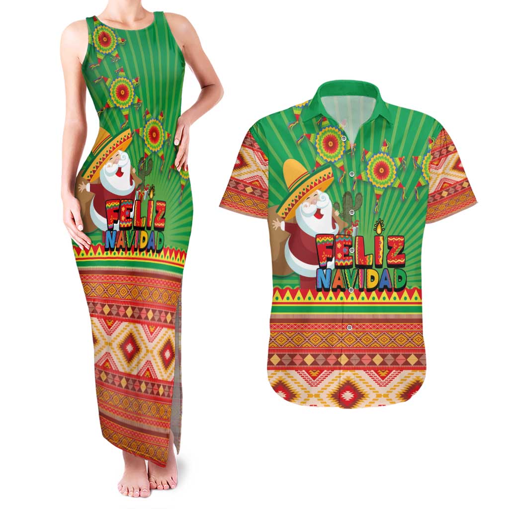 Mexico Couples Matching Tank Maxi Dress and Hawaiian Shirt Feliz Navidad Aztec Geometric Pattern - Wonder Print Shop