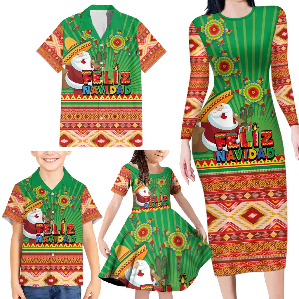 Mexico Family Matching Long Sleeve Bodycon Dress and Hawaiian Shirt Feliz Navidad Aztec Geometric Pattern - Wonder Print Shop