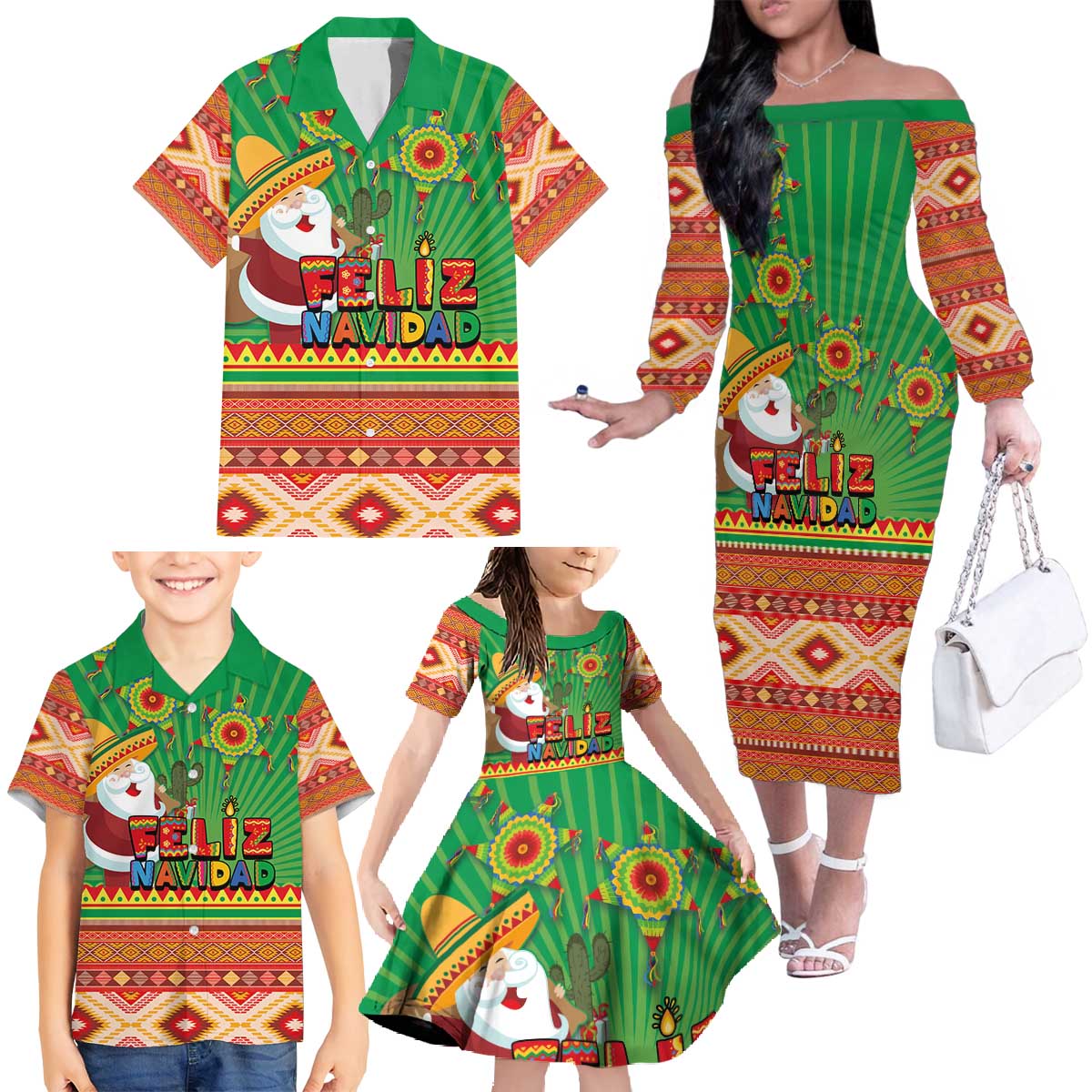 Mexico Family Matching Off The Shoulder Long Sleeve Dress and Hawaiian Shirt Feliz Navidad Aztec Geometric Pattern - Wonder Print Shop