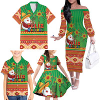 Mexico Family Matching Off The Shoulder Long Sleeve Dress and Hawaiian Shirt Feliz Navidad Aztec Geometric Pattern - Wonder Print Shop