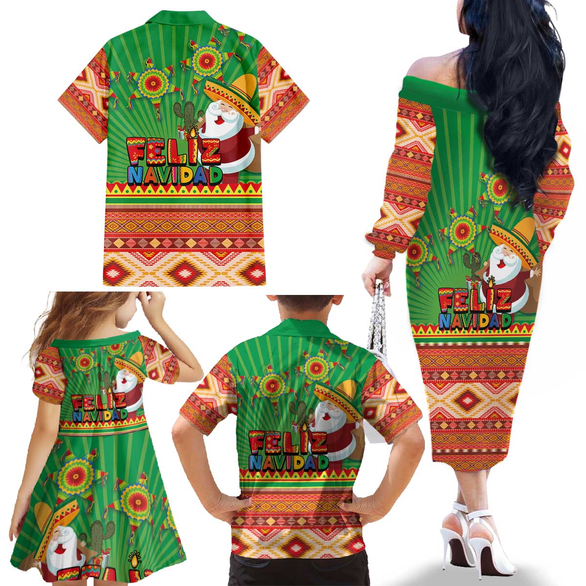 Mexico Family Matching Off The Shoulder Long Sleeve Dress and Hawaiian Shirt Feliz Navidad Aztec Geometric Pattern - Wonder Print Shop