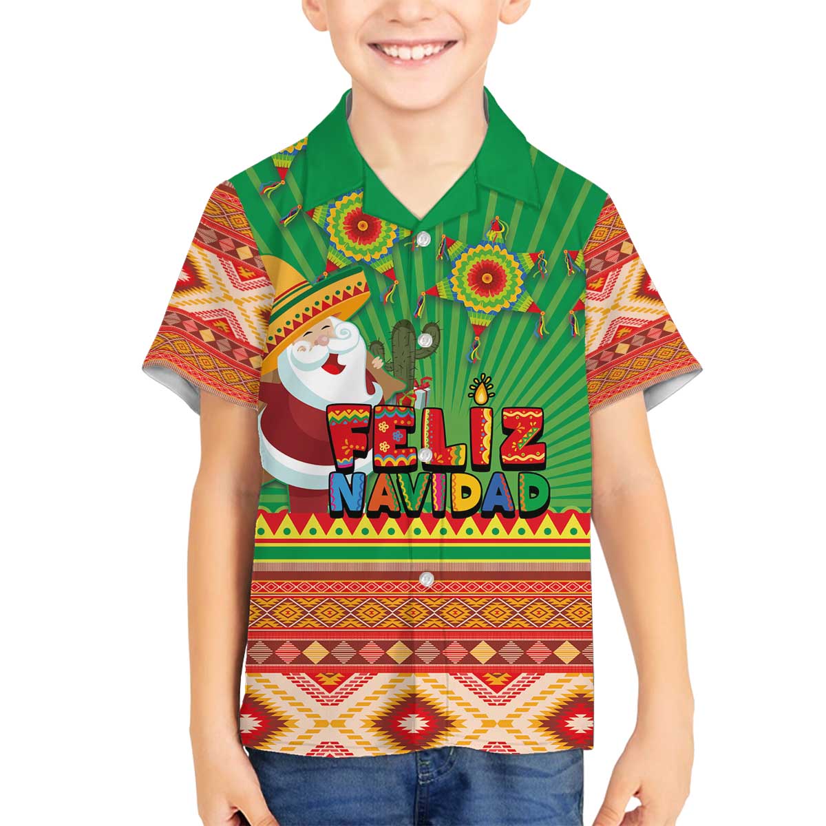 Mexico Family Matching Off The Shoulder Long Sleeve Dress and Hawaiian Shirt Feliz Navidad Aztec Geometric Pattern - Wonder Print Shop