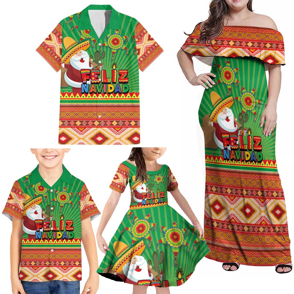 Mexico Family Matching Off Shoulder Maxi Dress and Hawaiian Shirt Feliz Navidad Aztec Geometric Pattern - Wonder Print Shop