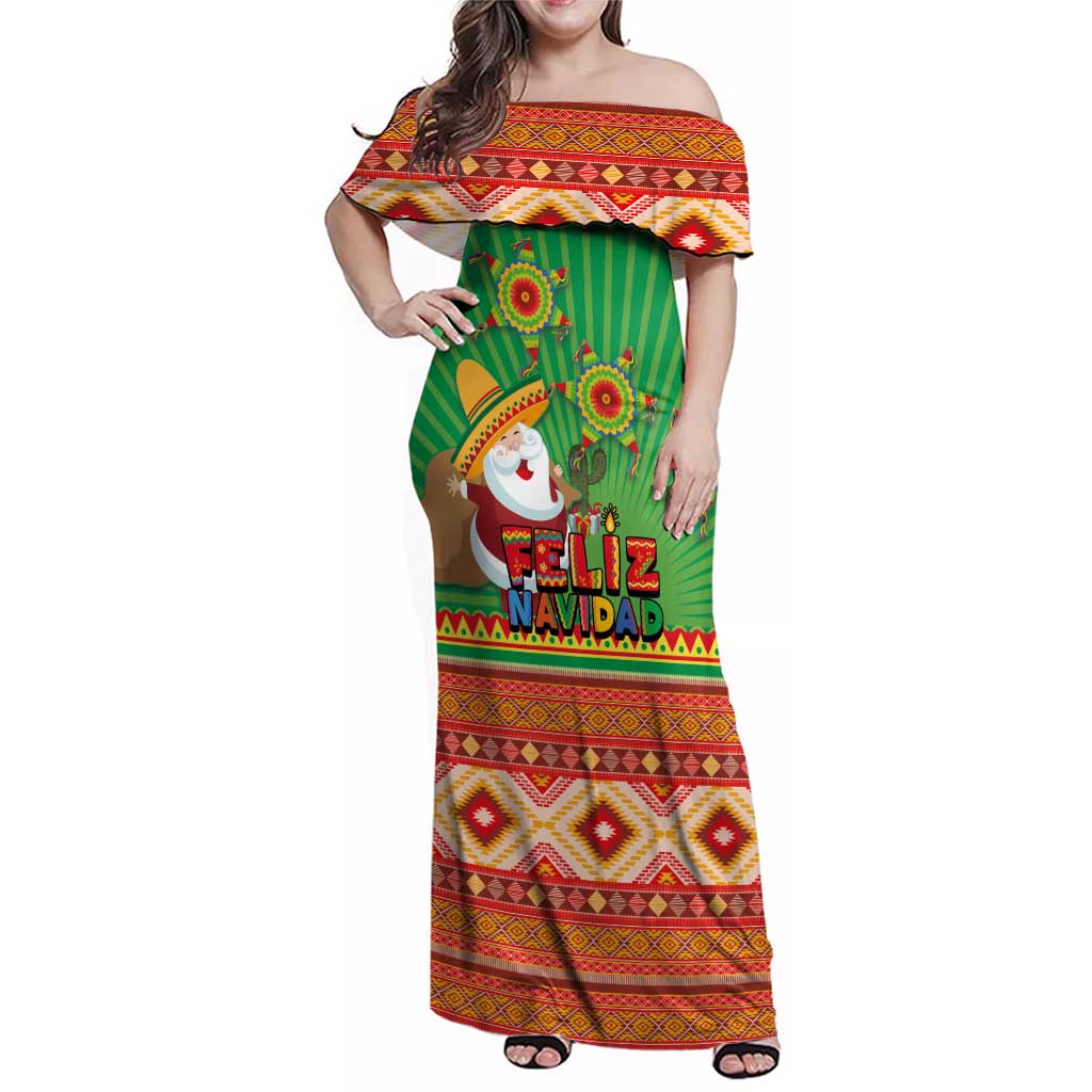 Mexico Family Matching Off Shoulder Maxi Dress and Hawaiian Shirt Feliz Navidad Aztec Geometric Pattern - Wonder Print Shop