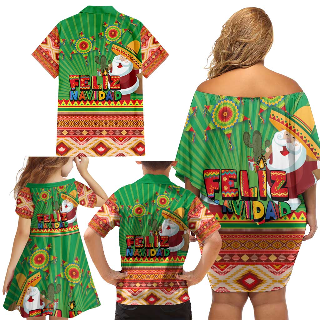Mexico Family Matching Off Shoulder Short Dress and Hawaiian Shirt Feliz Navidad Aztec Geometric Pattern - Wonder Print Shop