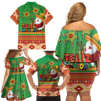 Mexico Family Matching Off Shoulder Short Dress and Hawaiian Shirt Feliz Navidad Aztec Geometric Pattern - Wonder Print Shop