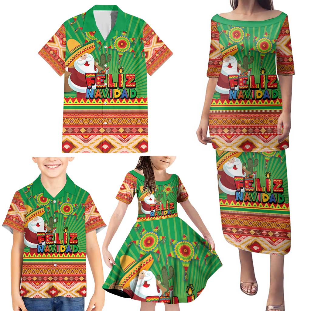 Mexico Family Matching Puletasi and Hawaiian Shirt Feliz Navidad Aztec Geometric Pattern - Wonder Print Shop
