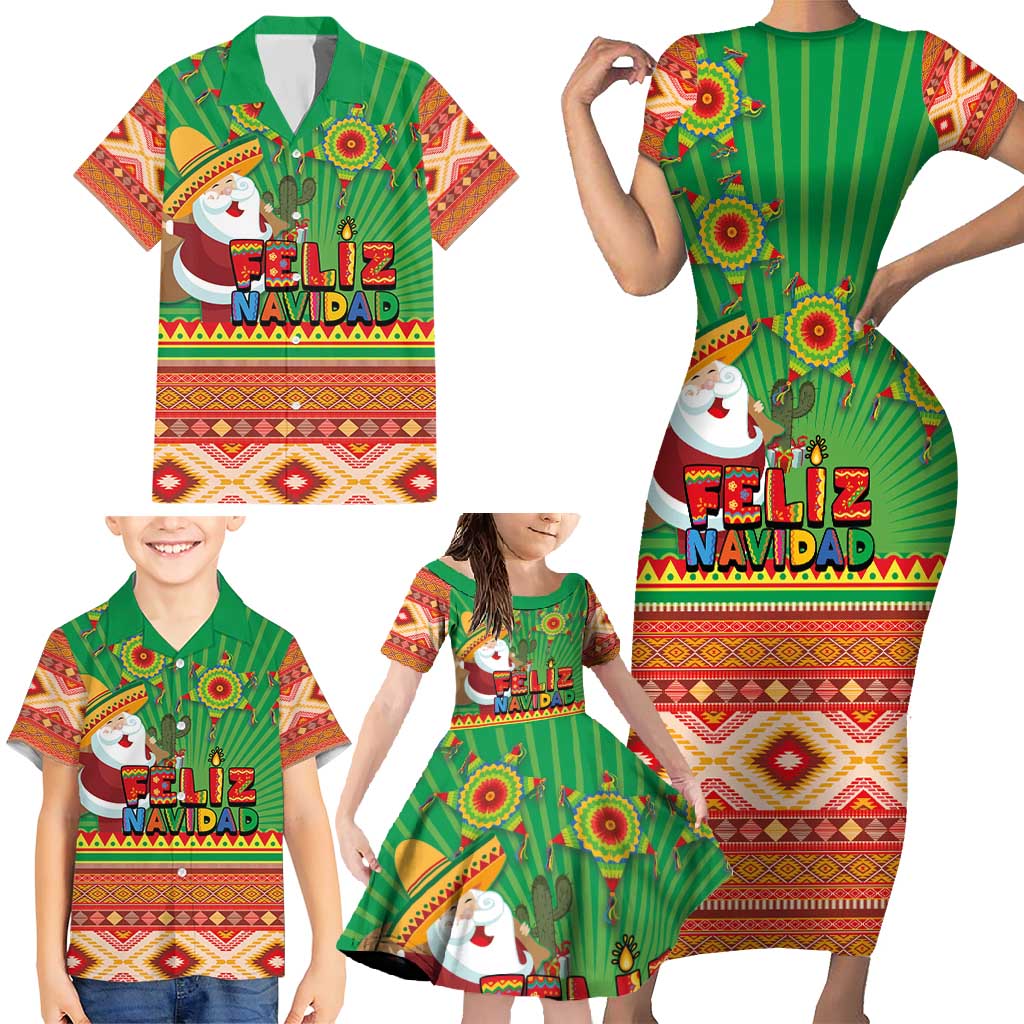 Mexico Family Matching Short Sleeve Bodycon Dress and Hawaiian Shirt Feliz Navidad Aztec Geometric Pattern - Wonder Print Shop