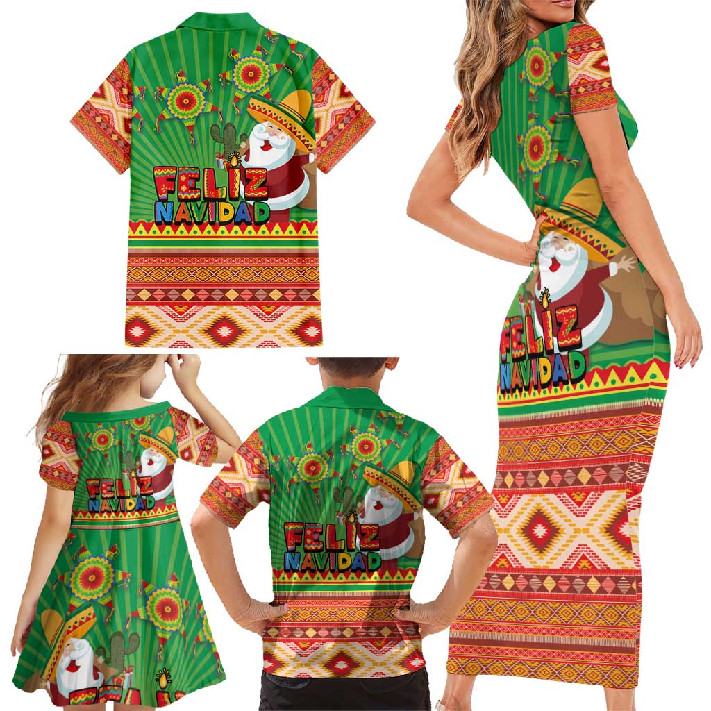 Mexico Family Matching Short Sleeve Bodycon Dress and Hawaiian Shirt Feliz Navidad Aztec Geometric Pattern - Wonder Print Shop