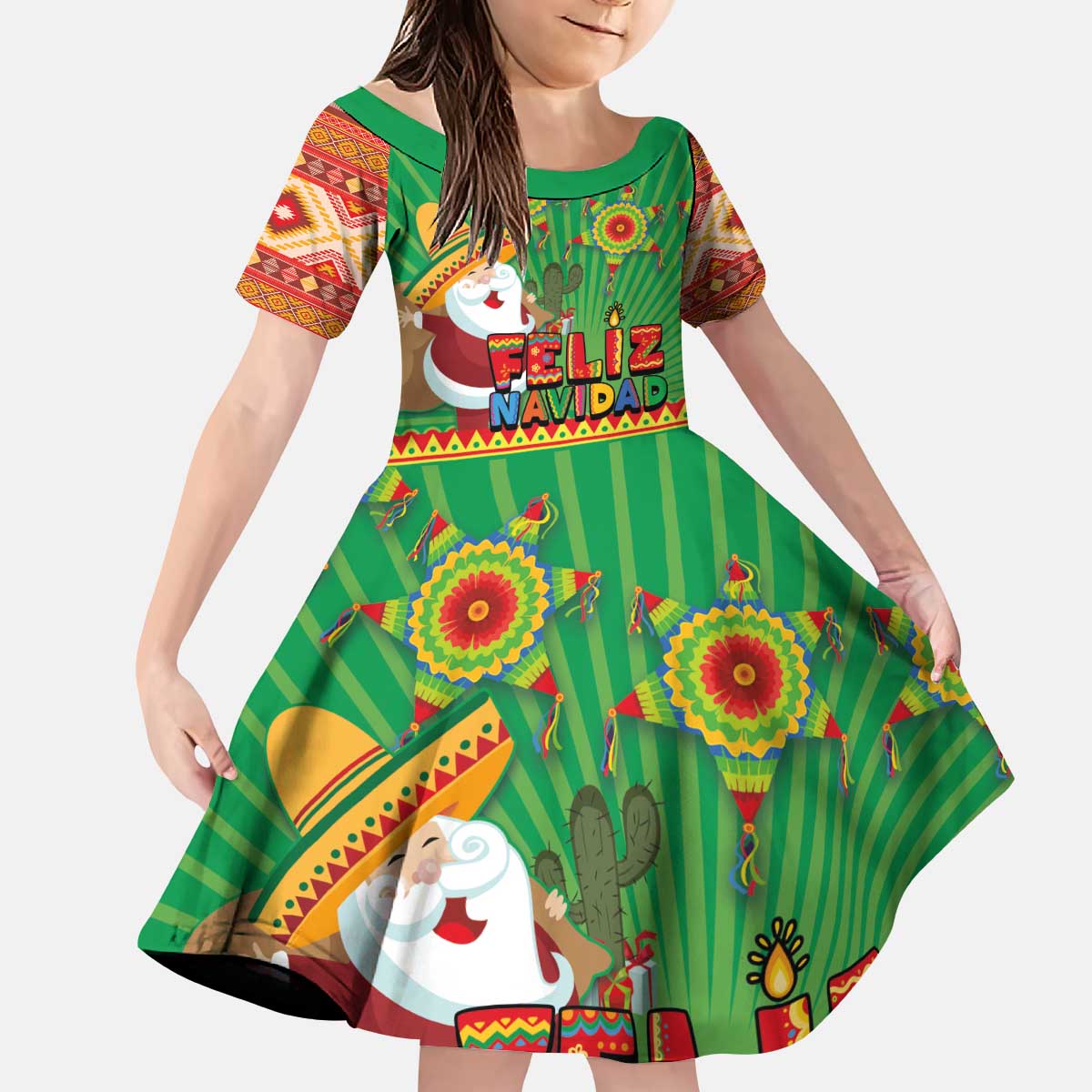Mexico Kid Short Sleeve Dress Feliz Navidad Aztec Geometric Pattern - Wonder Print Shop