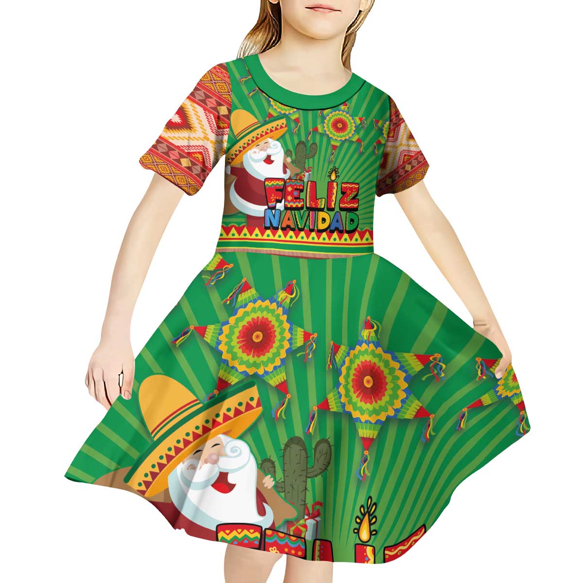 Mexico Kid Short Sleeve Dress Feliz Navidad Aztec Geometric Pattern - Wonder Print Shop