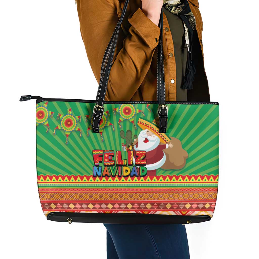 Mexico Leather Tote Bag Feliz Navidad Aztec Geometric Pattern - Wonder Print Shop
