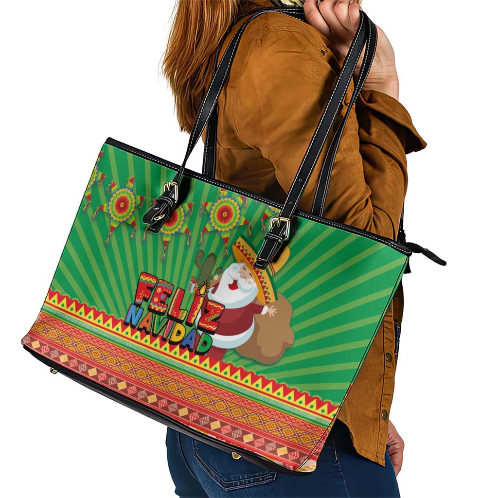 Mexico Leather Tote Bag Feliz Navidad Aztec Geometric Pattern - Wonder Print Shop