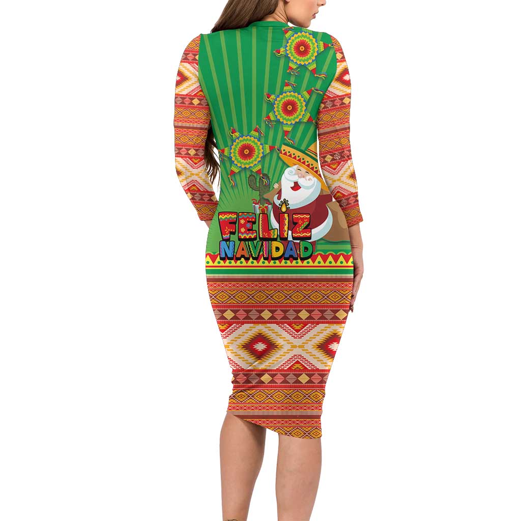 Mexico Long Sleeve Bodycon Dress Feliz Navidad Aztec Geometric Pattern - Wonder Print Shop