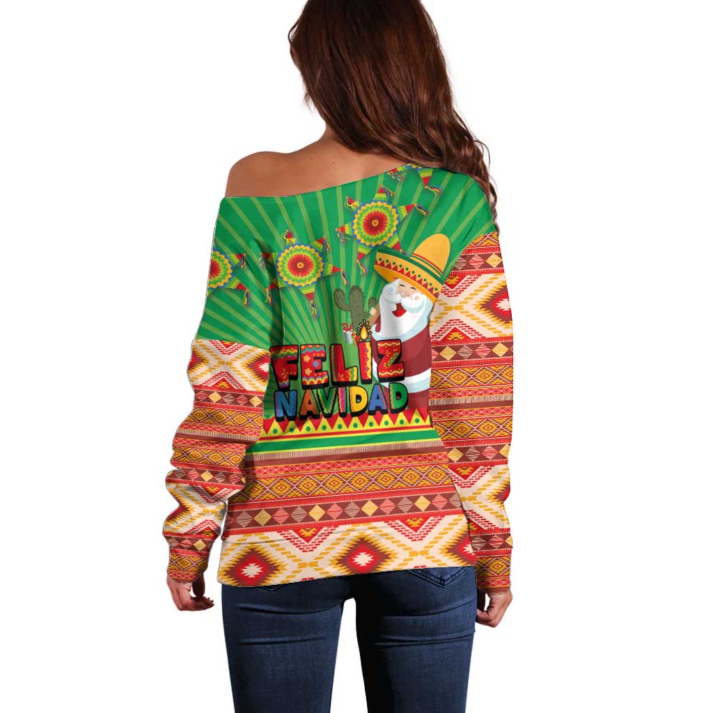 Mexico Off Shoulder Sweater Feliz Navidad Aztec Geometric Pattern - Wonder Print Shop
