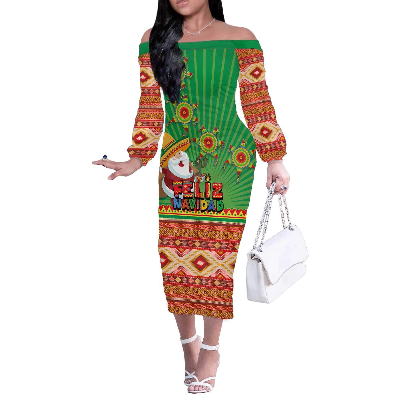 Mexico Off The Shoulder Long Sleeve Dress Feliz Navidad Aztec Geometric Pattern - Wonder Print Shop