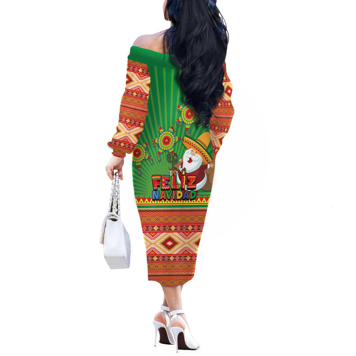 Mexico Off The Shoulder Long Sleeve Dress Feliz Navidad Aztec Geometric Pattern - Wonder Print Shop