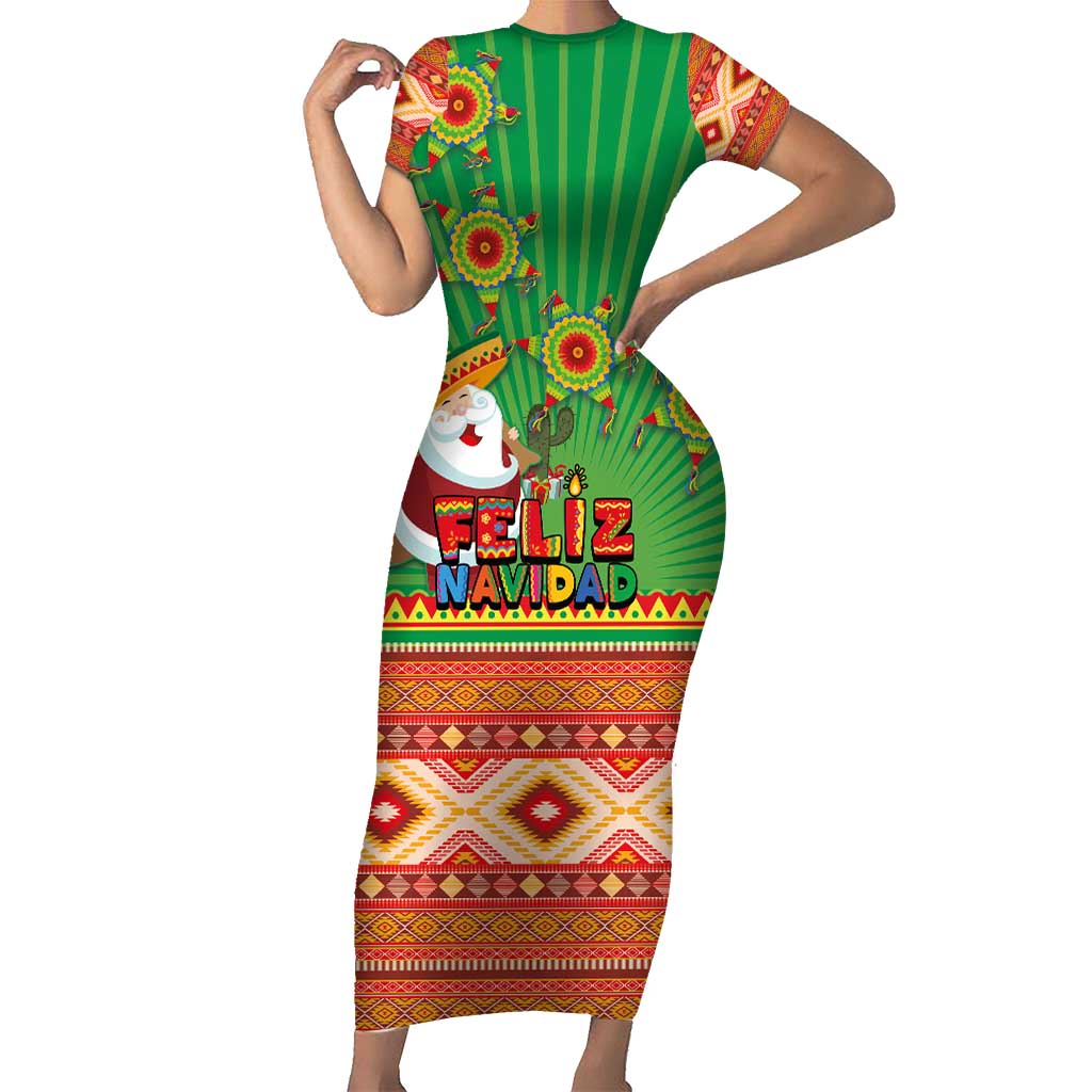 Mexico Short Sleeve Bodycon Dress Feliz Navidad Aztec Geometric Pattern - Wonder Print Shop