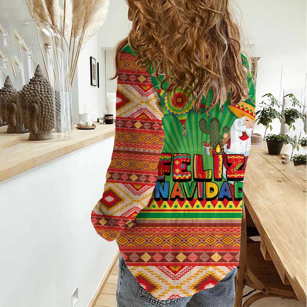 Mexico Women Casual Shirt Feliz Navidad Aztec Geometric Pattern - Wonder Print Shop
