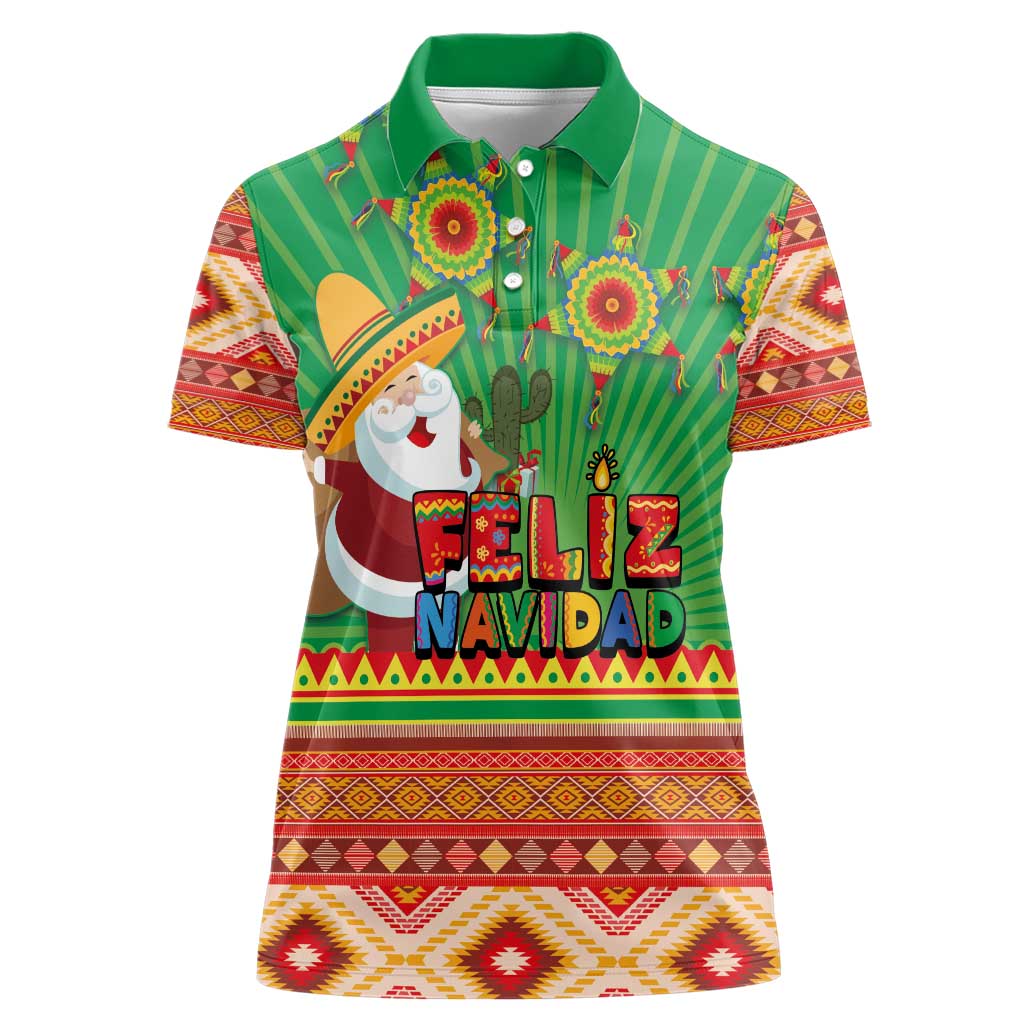 Mexico Women Polo Shirt Feliz Navidad Aztec Geometric Pattern - Wonder Print Shop