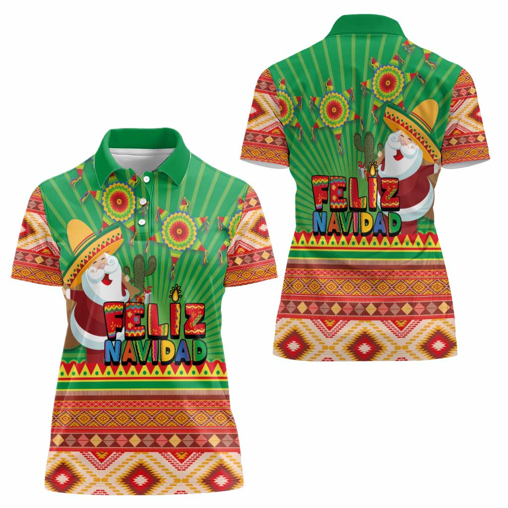 Mexico Women Polo Shirt Feliz Navidad Aztec Geometric Pattern - Wonder Print Shop