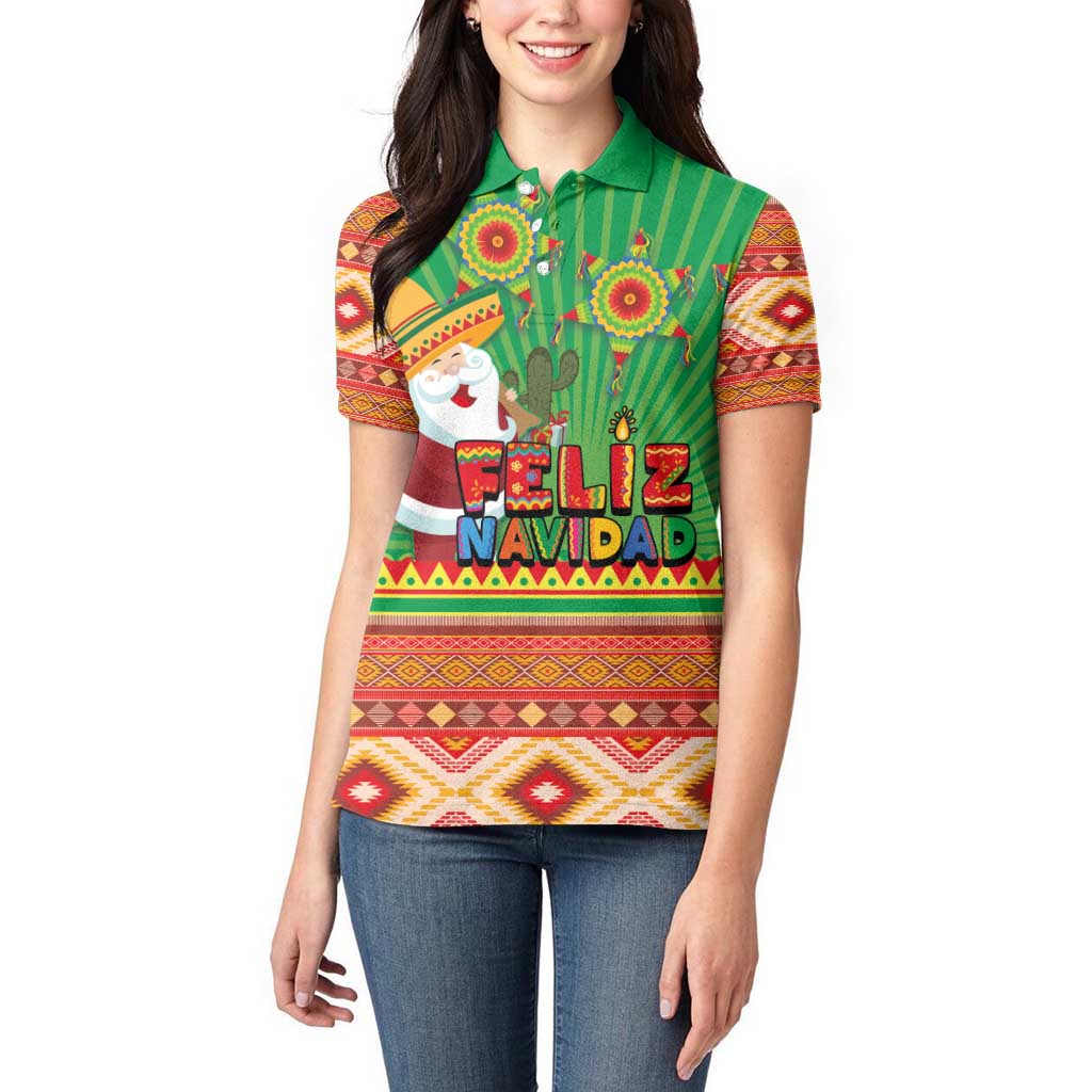 Mexico Women Polo Shirt Feliz Navidad Aztec Geometric Pattern - Wonder Print Shop