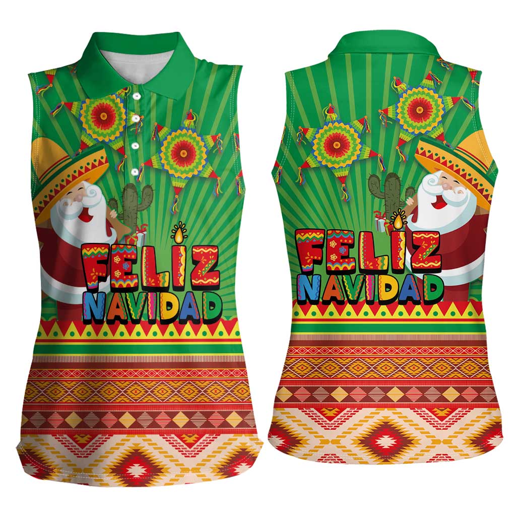 Mexico Women Sleeveless Polo Shirt Feliz Navidad Aztec Geometric Pattern - Wonder Print Shop