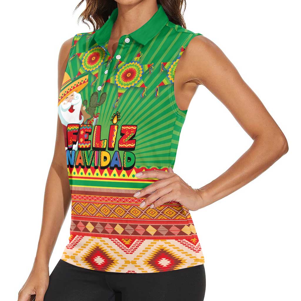 Mexico Women Sleeveless Polo Shirt Feliz Navidad Aztec Geometric Pattern - Wonder Print Shop