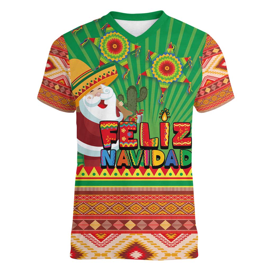 Mexico Women V-Neck T-Shirt Feliz Navidad Aztec Geometric Pattern - Wonder Print Shop