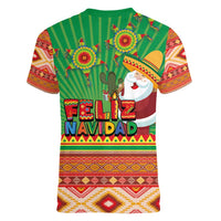 Mexico Women V-Neck T-Shirt Feliz Navidad Aztec Geometric Pattern - Wonder Print Shop