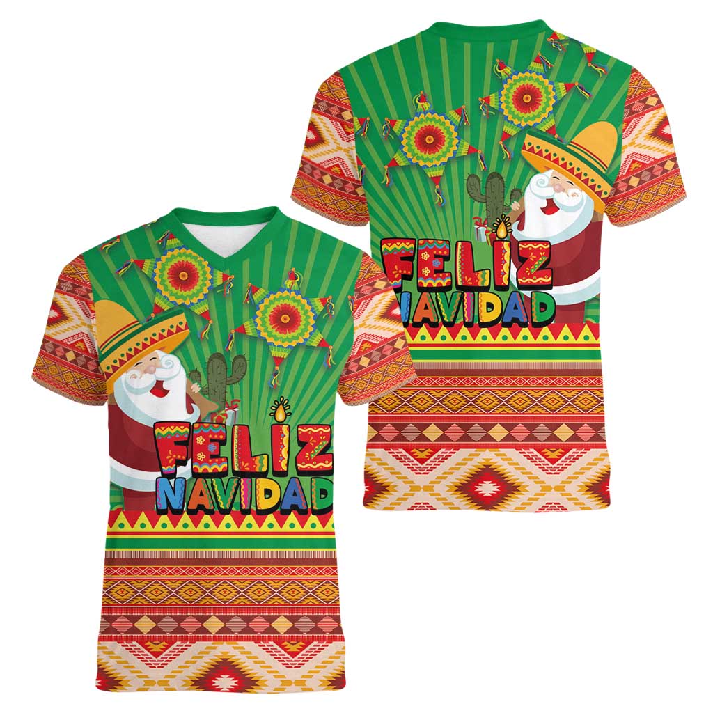 Mexico Women V-Neck T-Shirt Feliz Navidad Aztec Geometric Pattern - Wonder Print Shop