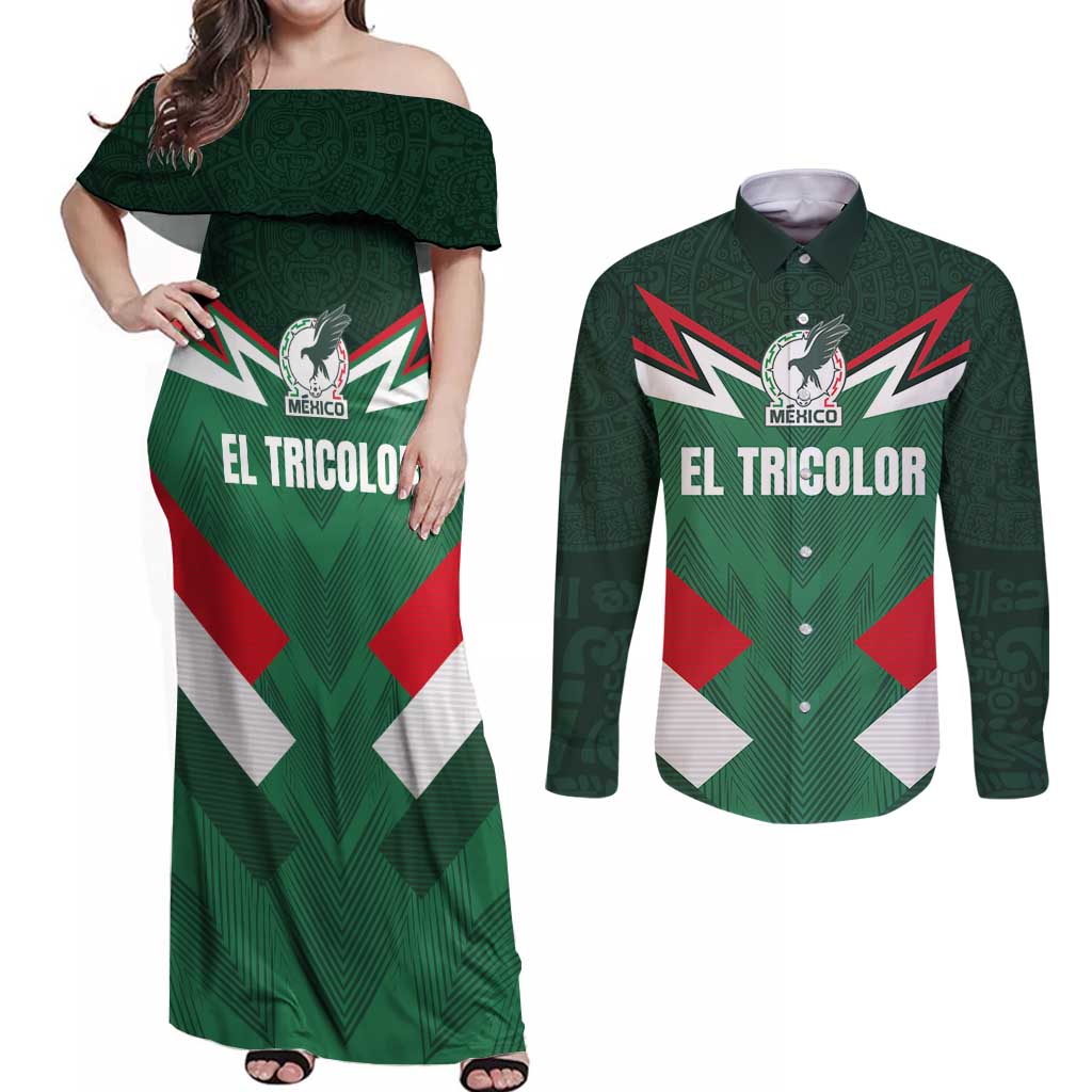 Custom Mexico Football Couples Matching Off Shoulder Maxi Dress and Long Sleeve Button Shirt El Tricolor 2024 - Wonder Print Shop
