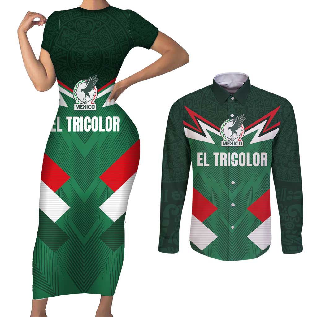 Custom Mexico Football Couples Matching Short Sleeve Bodycon Dress and Long Sleeve Button Shirt El Tricolor 2024 - Wonder Print Shop