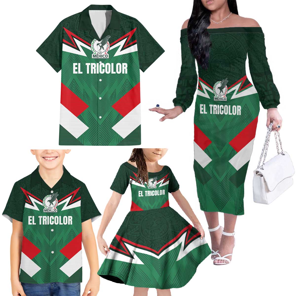 Custom Mexico Football Family Matching Off The Shoulder Long Sleeve Dress and Hawaiian Shirt El Tricolor 2024 - Wonder Print Shop