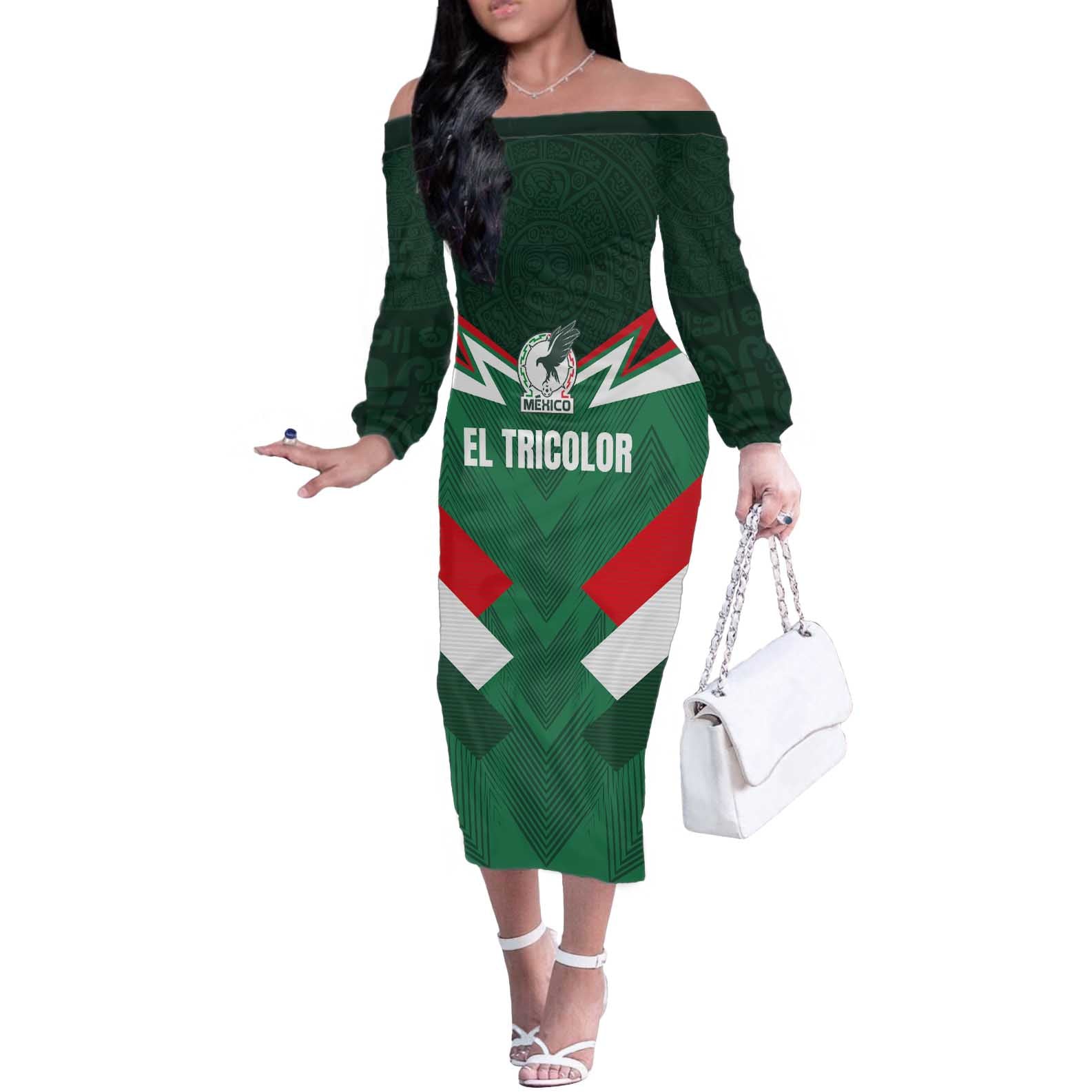 Custom Mexico Football Off The Shoulder Long Sleeve Dress El Tricolor 2024 - Wonder Print Shop