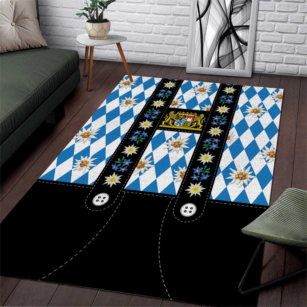 Bavaria Traditional Lederhosen Costume Area Rug Bavaria Emblem - Blue Plaid Pattern with Edelweiss Flowers