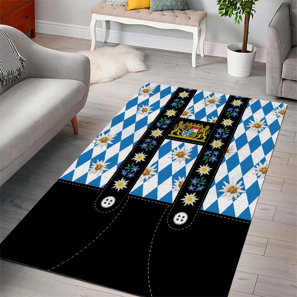 Bavaria Traditional Lederhosen Costume Area Rug Bavaria Emblem - Blue Plaid Pattern with Edelweiss Flowers