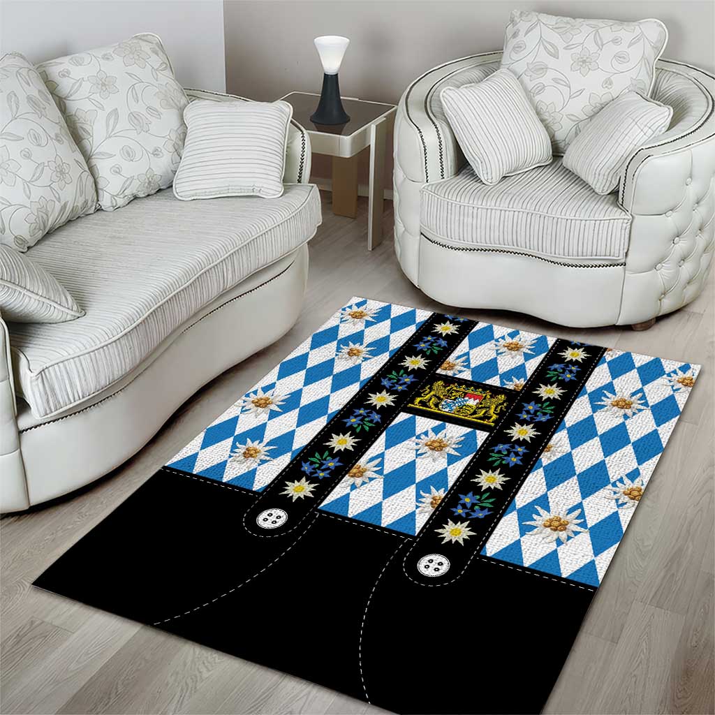 Bavaria Traditional Lederhosen Costume Area Rug Bavaria Emblem - Blue Plaid Pattern with Edelweiss Flowers