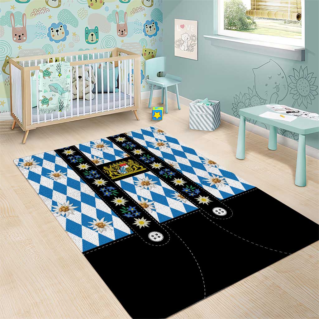 Bavaria Traditional Lederhosen Costume Area Rug Bavaria Emblem - Blue Plaid Pattern with Edelweiss Flowers