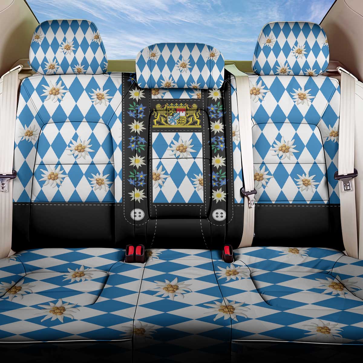 Bavaria Traditional Lederhosen Costume Back Car Seat Cover Bavaria Emblem - Blue Plaid Pattern with Edelweiss Flowers