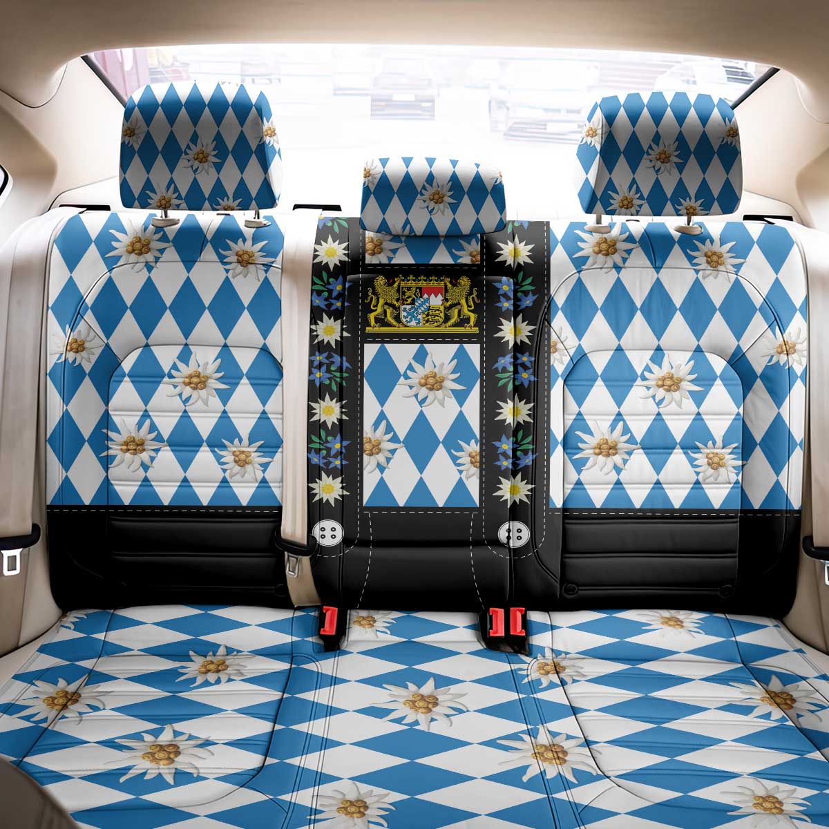 Bavaria Traditional Lederhosen Costume Back Car Seat Cover Bavaria Emblem - Blue Plaid Pattern with Edelweiss Flowers